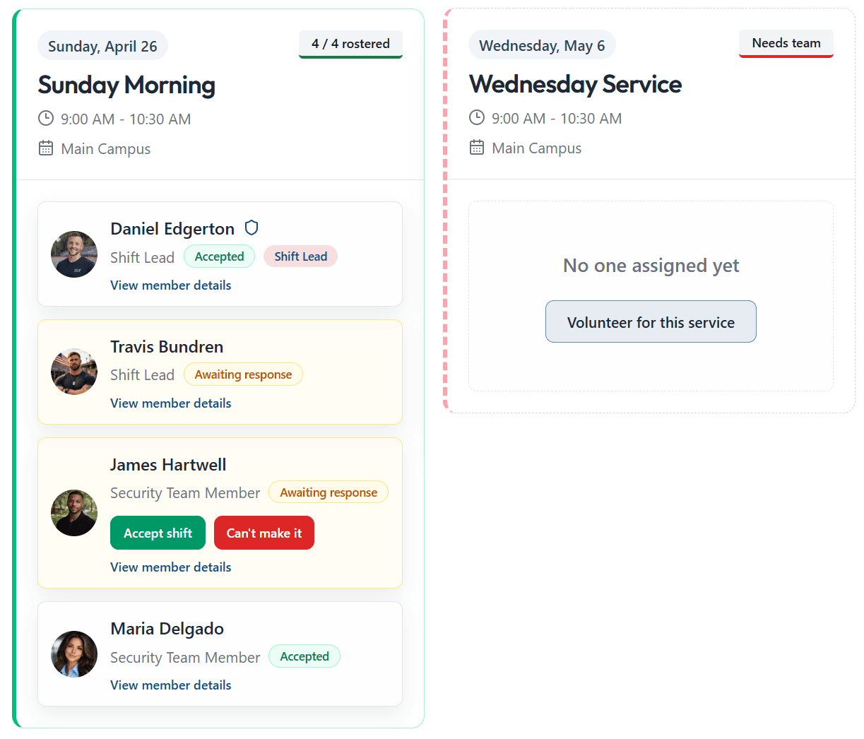 Security team schedule with rostered and volunteer service cards