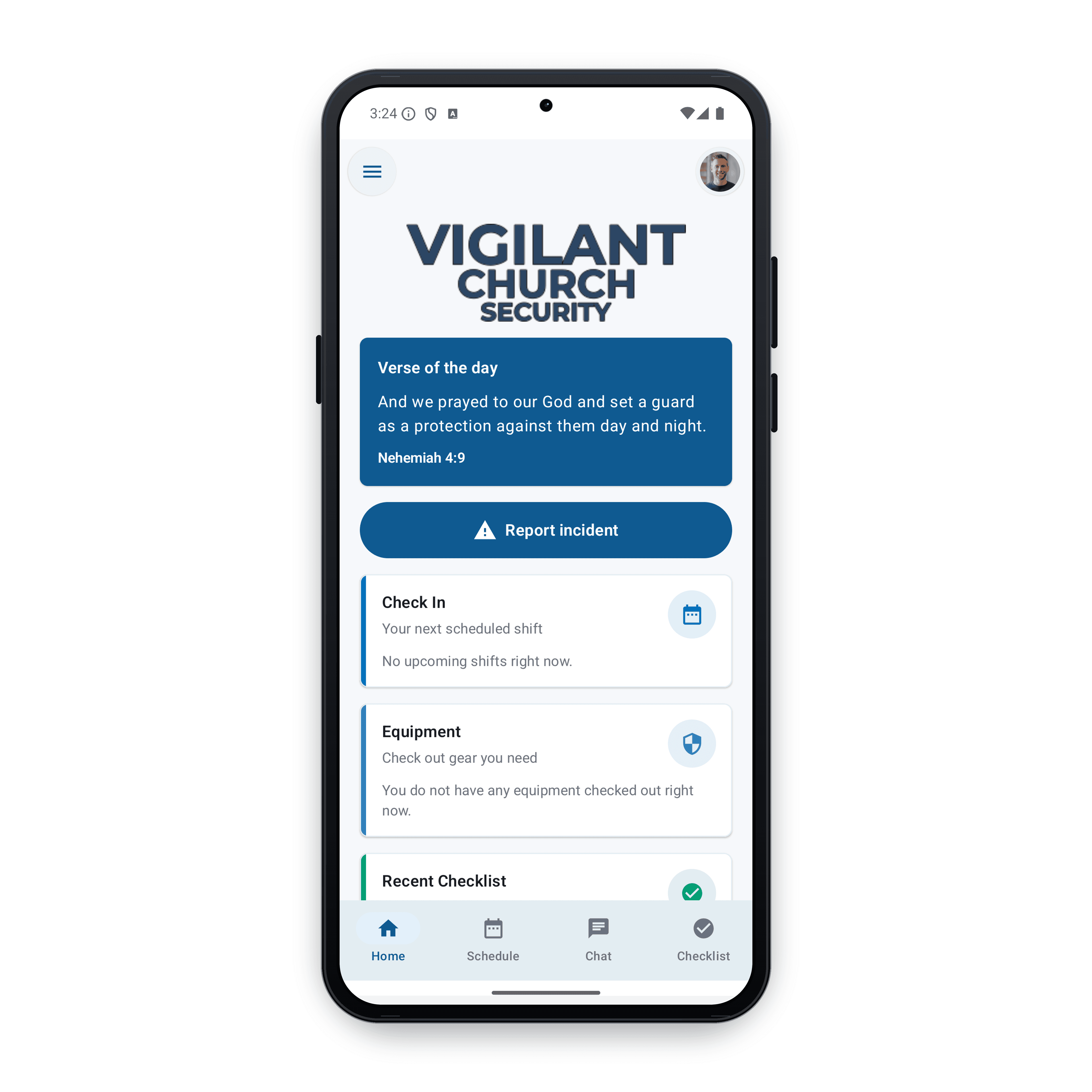 Vigilant Church Security Android mobile dashboard with incident, shift, equipment, and checklist actions