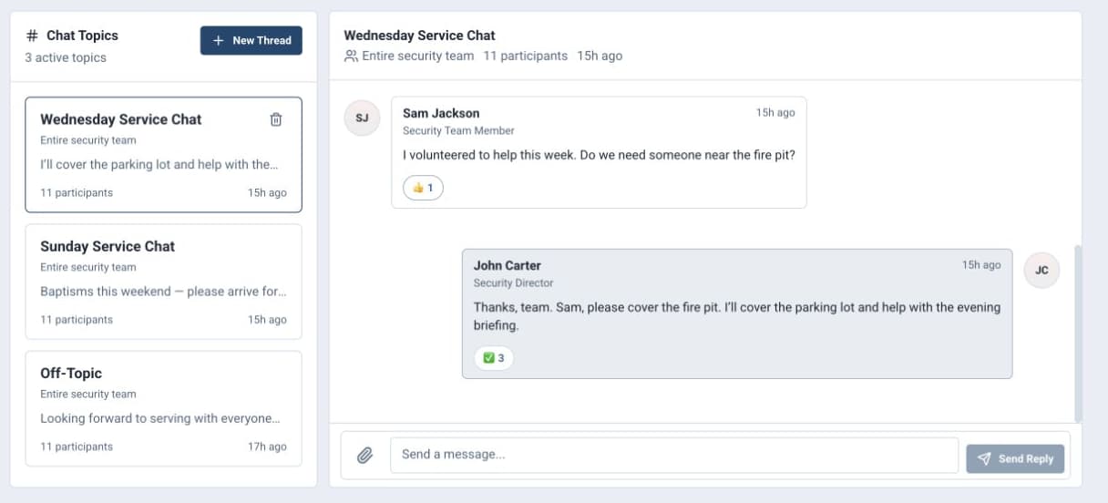 Wednesday Service Chat showing team coordination and John Carter’s reply as Security Director.