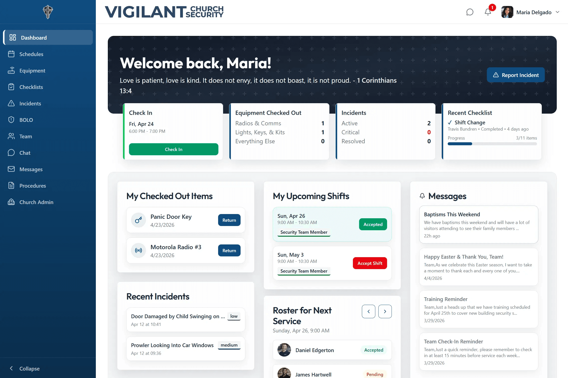 Vigilant Church Security dashboard overview