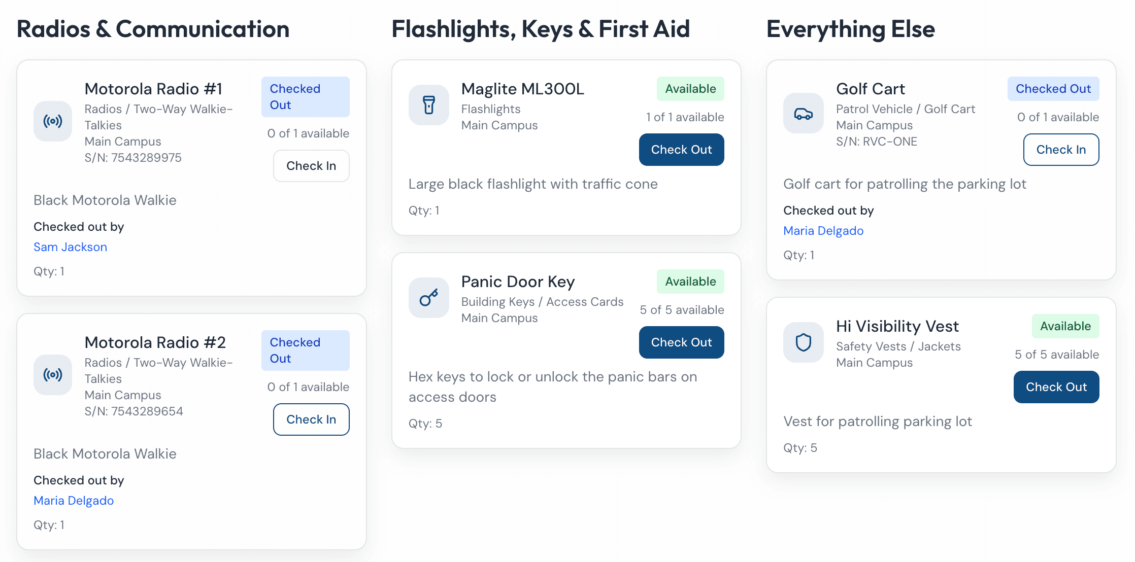 Vigilant Church Security equipment tracking categories with radios, keys, first aid, and other items