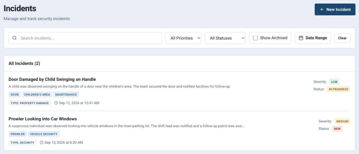 Current door-damage and parking-lot incident examples with severity and status.