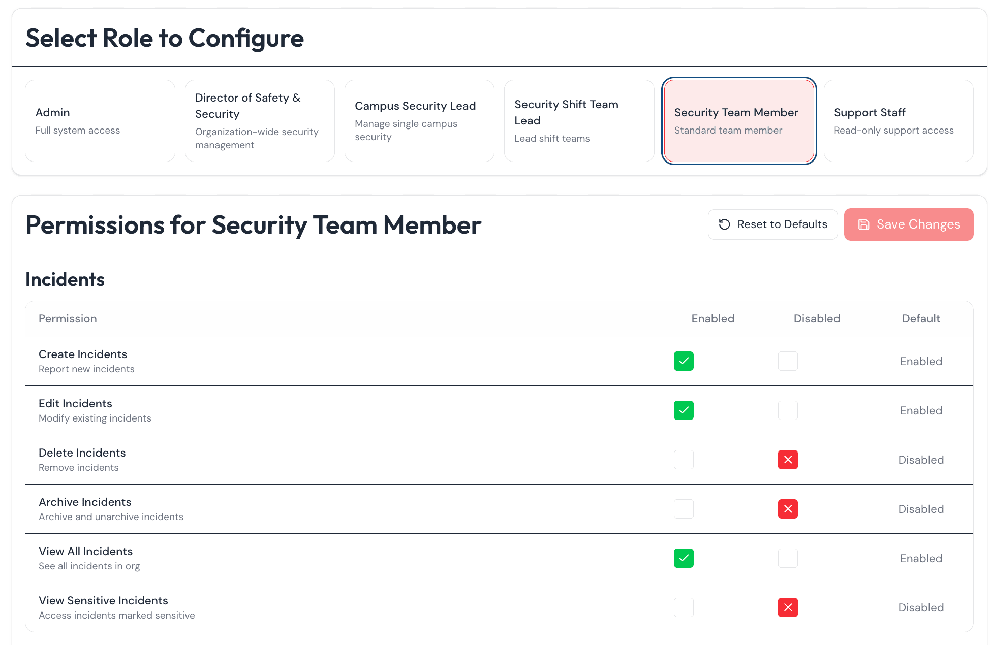 Vigilant Church Security role-based access control permission matrix for a security team member